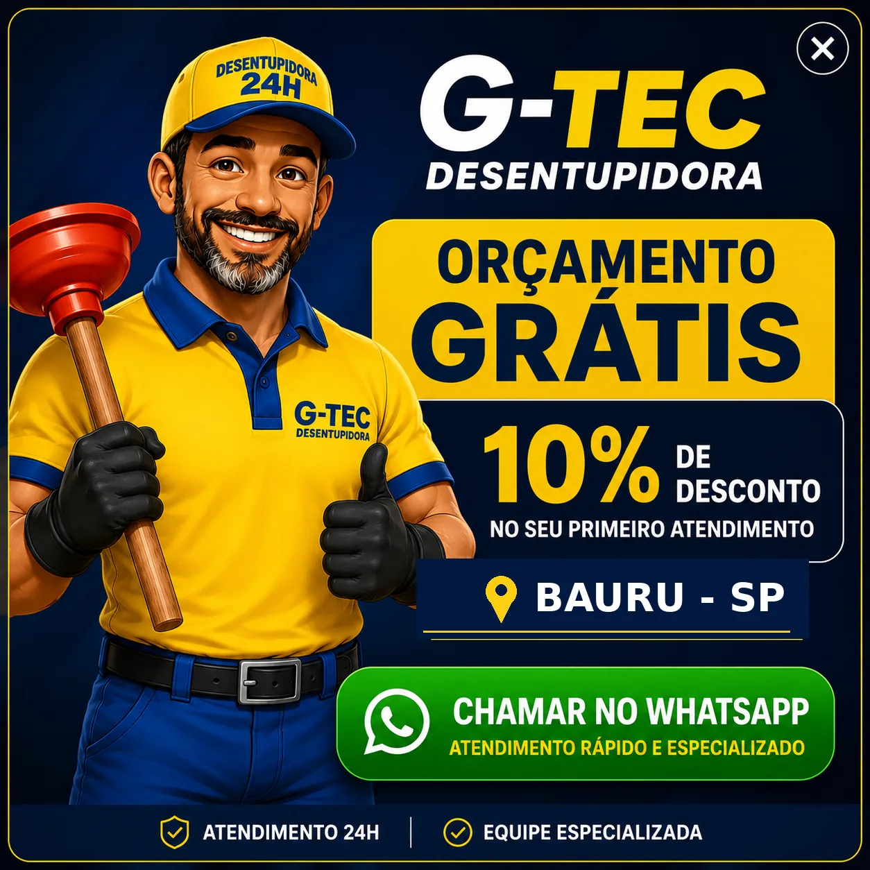 G-TEC Desentupidora - orçamento grátis e 10% de desconto em Bauru